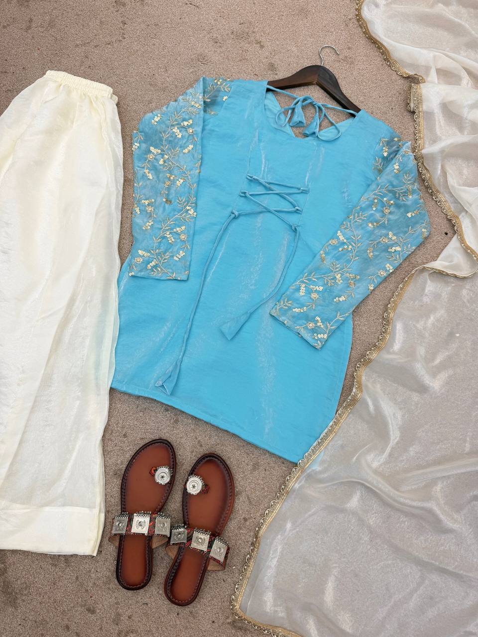 New Party Wear Look Pure Heavy Fendy Silk Top Sharara & Dupatta Set