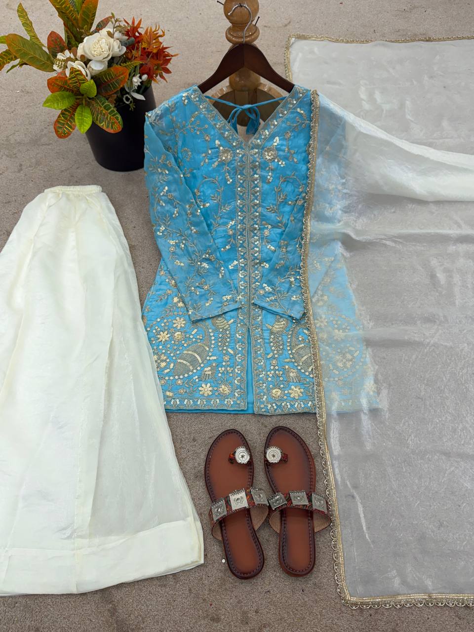 New Party Wear Look Pure Heavy Fendy Silk Top Sharara & Dupatta Set
