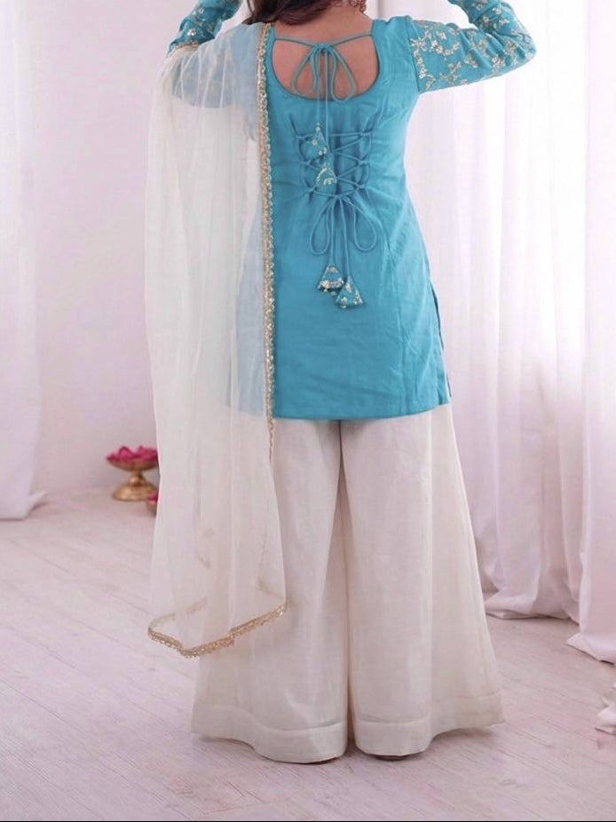 New Party Wear Look Pure Heavy Fendy Silk Top Sharara & Dupatta Set