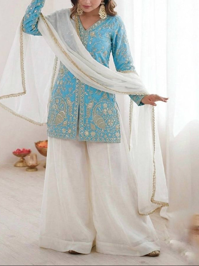 New Party Wear Look Pure Heavy Fendy Silk Top Sharara & Dupatta Set