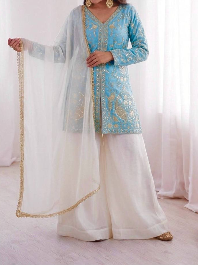 New Party Wear Look Pure Heavy Fendy Silk Top Sharara & Dupatta Set