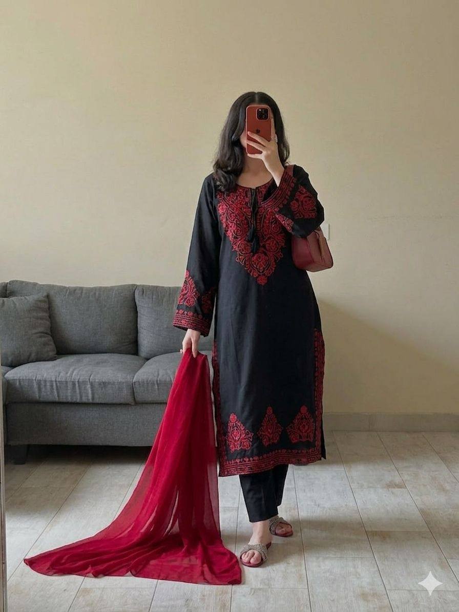 Embroidered Roman Silk Fabric Designer Suit Set