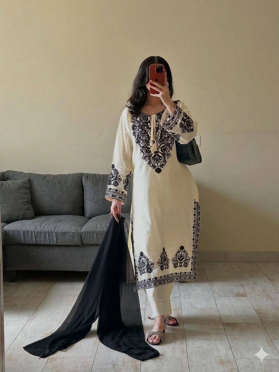 Embroidered Roman Silk Fabric Designer Suit Set