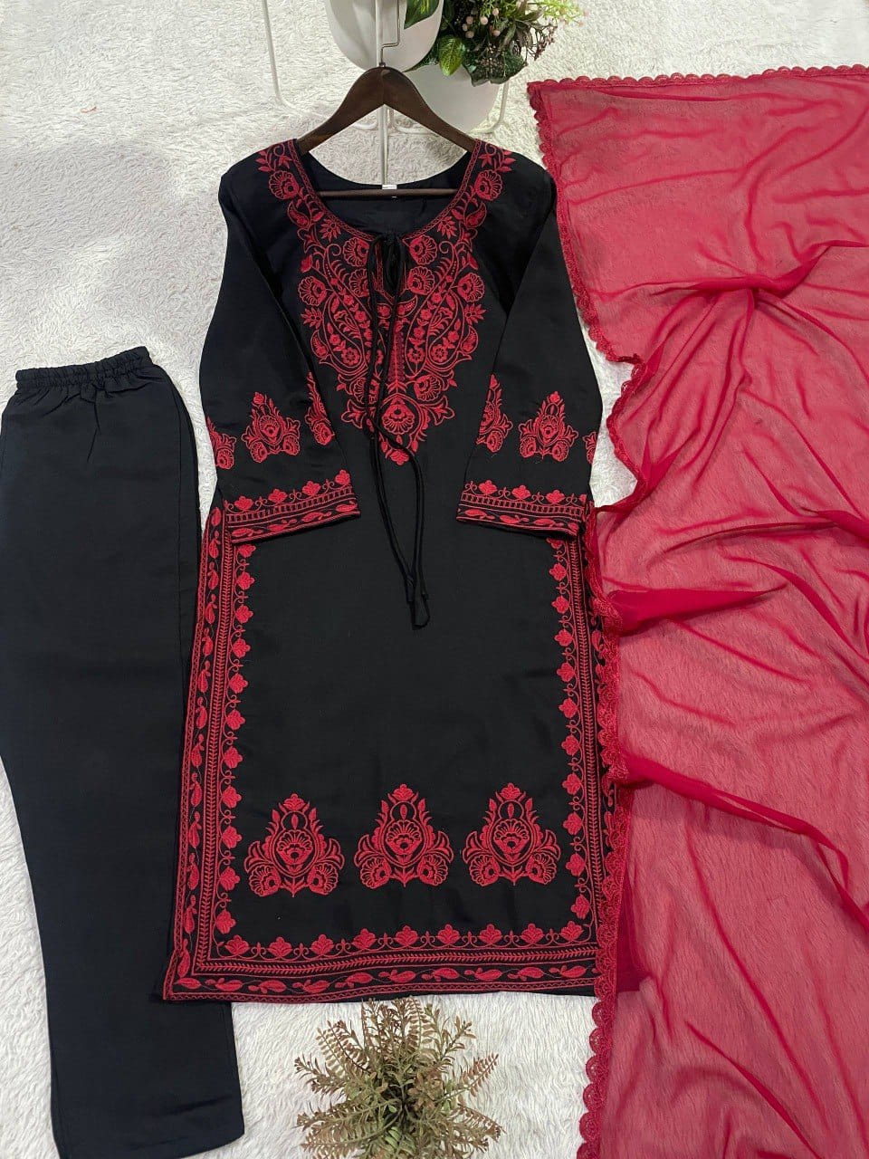 Embroidered Roman Silk Fabric Designer Suit Set