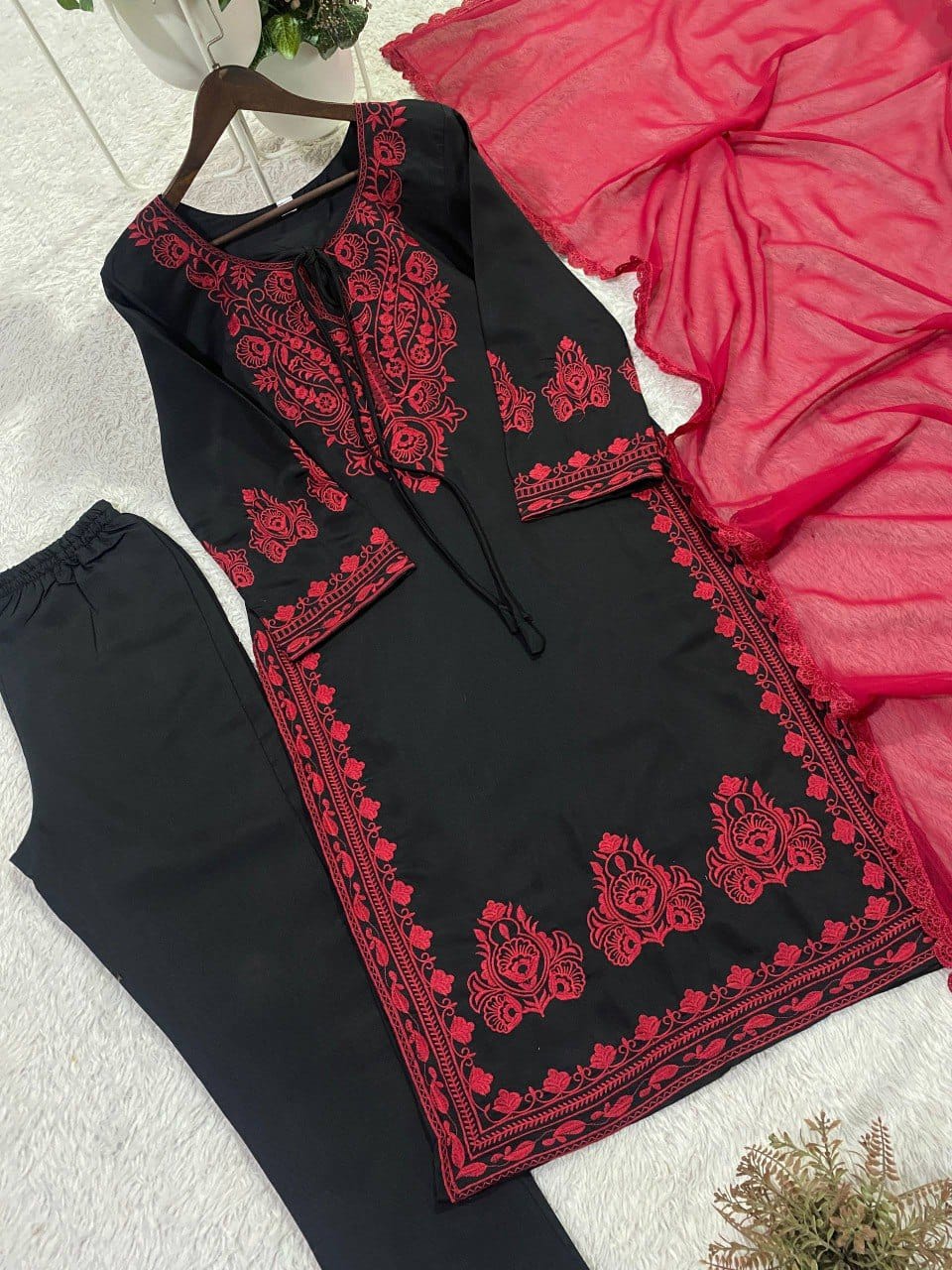 Embroidered Roman Silk Fabric Designer Suit Set