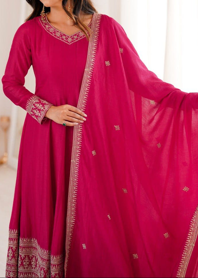 Party Wear Designer Premium Quality Vichitra Silk Anarkali Set