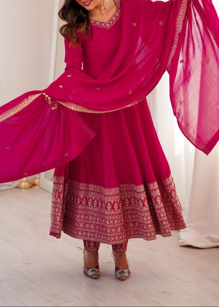 Party Wear Designer Premium Quality Vichitra Silk Anarkali Set