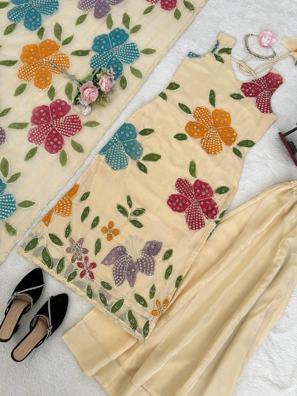 Tibby Organza Silk Brush Print With Intricate Sequence work Suit