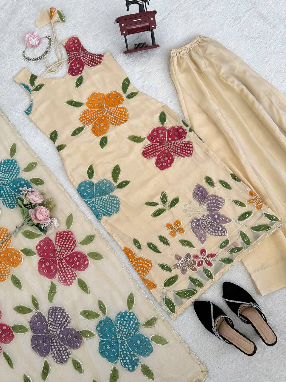 Tibby Organza Silk Brush Print With Intricate Sequence work Suit