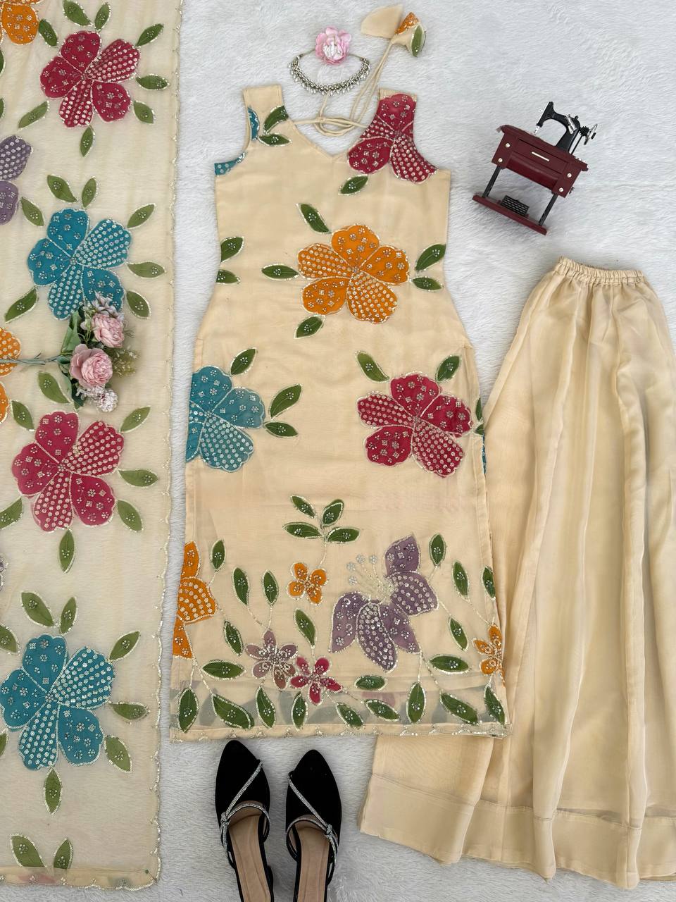 Tibby Organza Silk Brush Print With Intricate Sequence work Suit