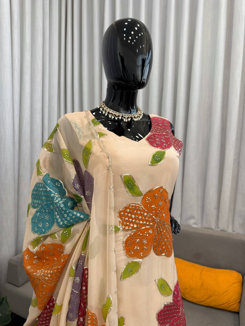 Tibby Organza Silk Brush Print With Intricate Sequence work Suit