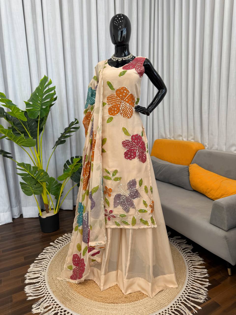 Tibby Organza Silk Brush Print With Intricate Sequence work Suit