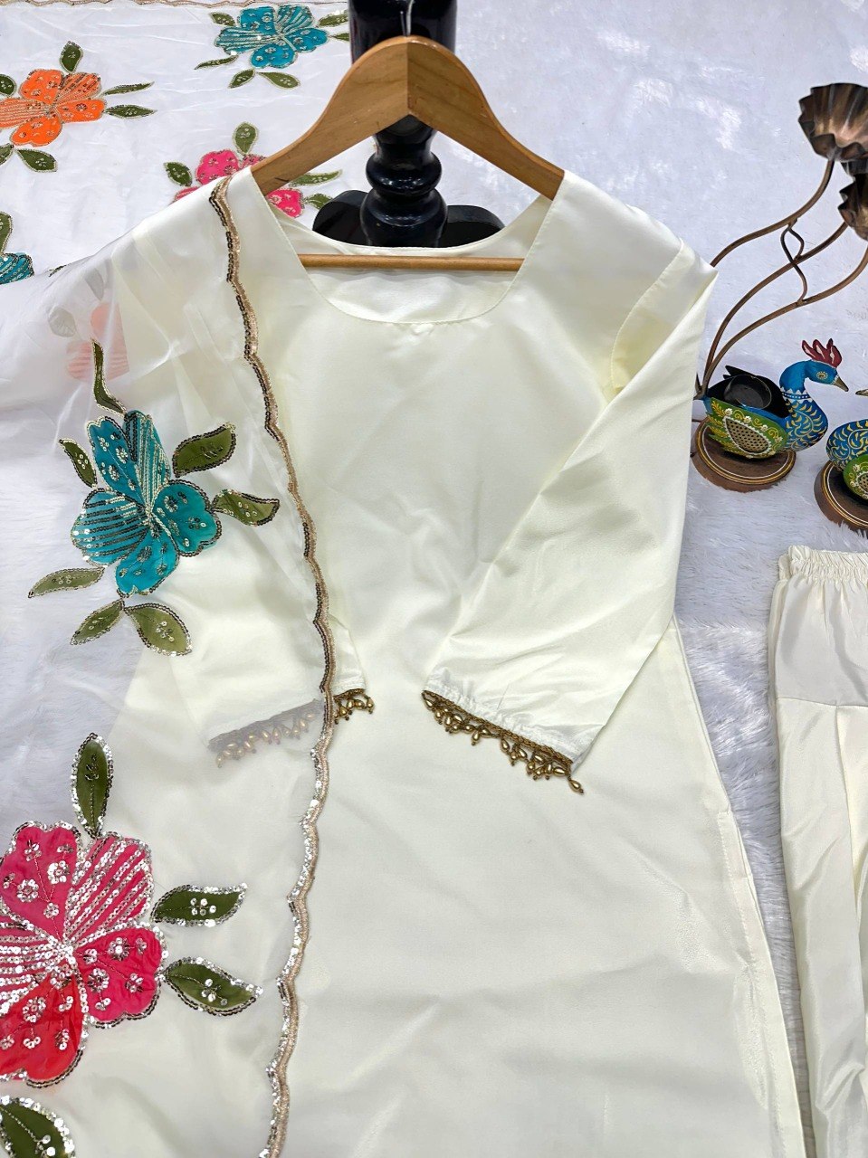 Farsi Shalwar Suit With Designer Embroidery & Brush Print Work Dupatta