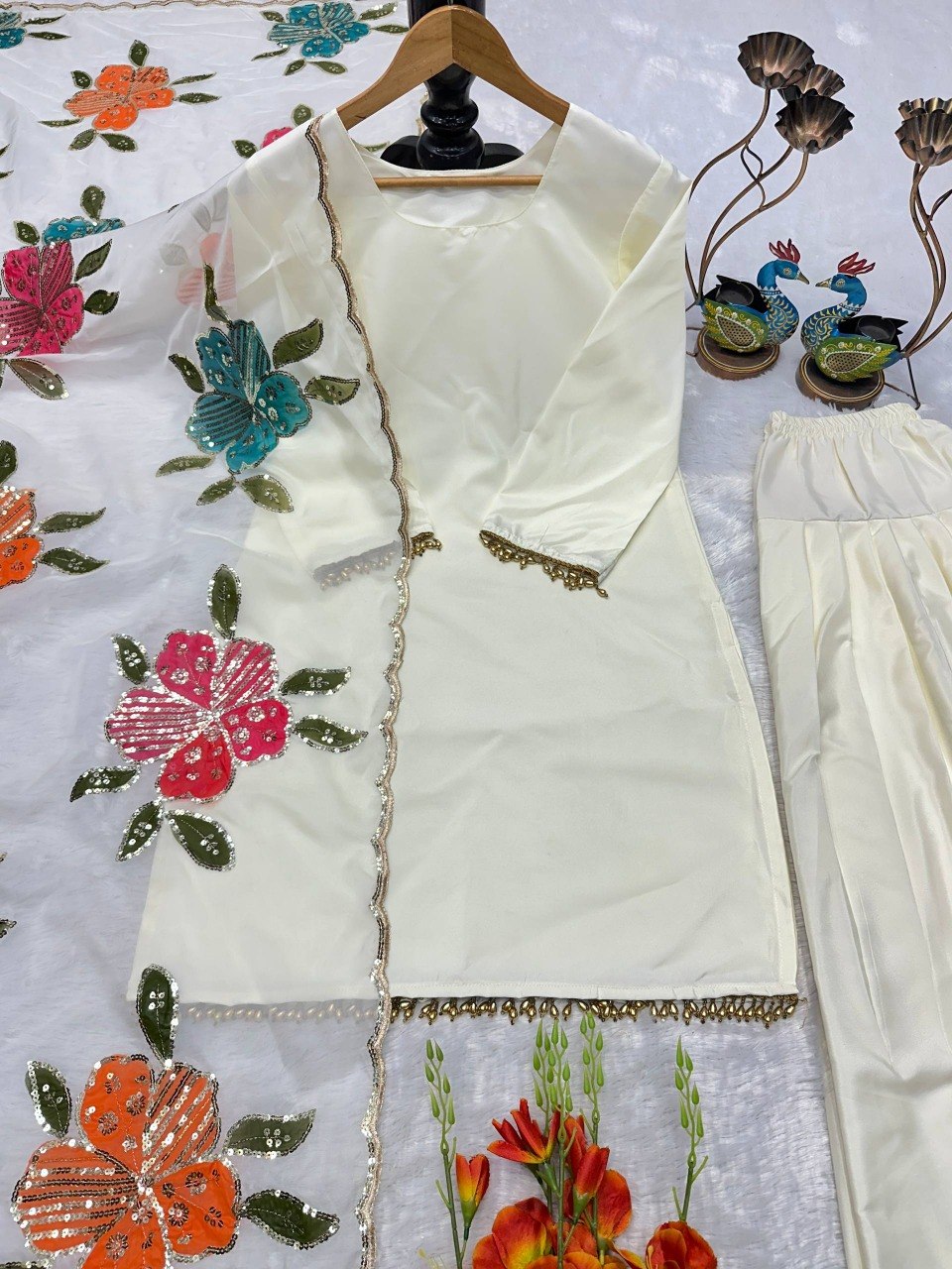 Farsi Shalwar Suit With Designer Embroidery & Brush Print Work Dupatta