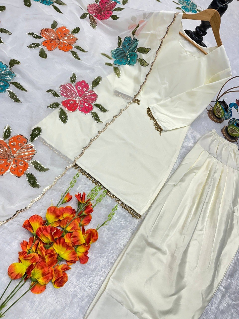 Farsi Shalwar Suit With Designer Embroidery & Brush Print Work Dupatta