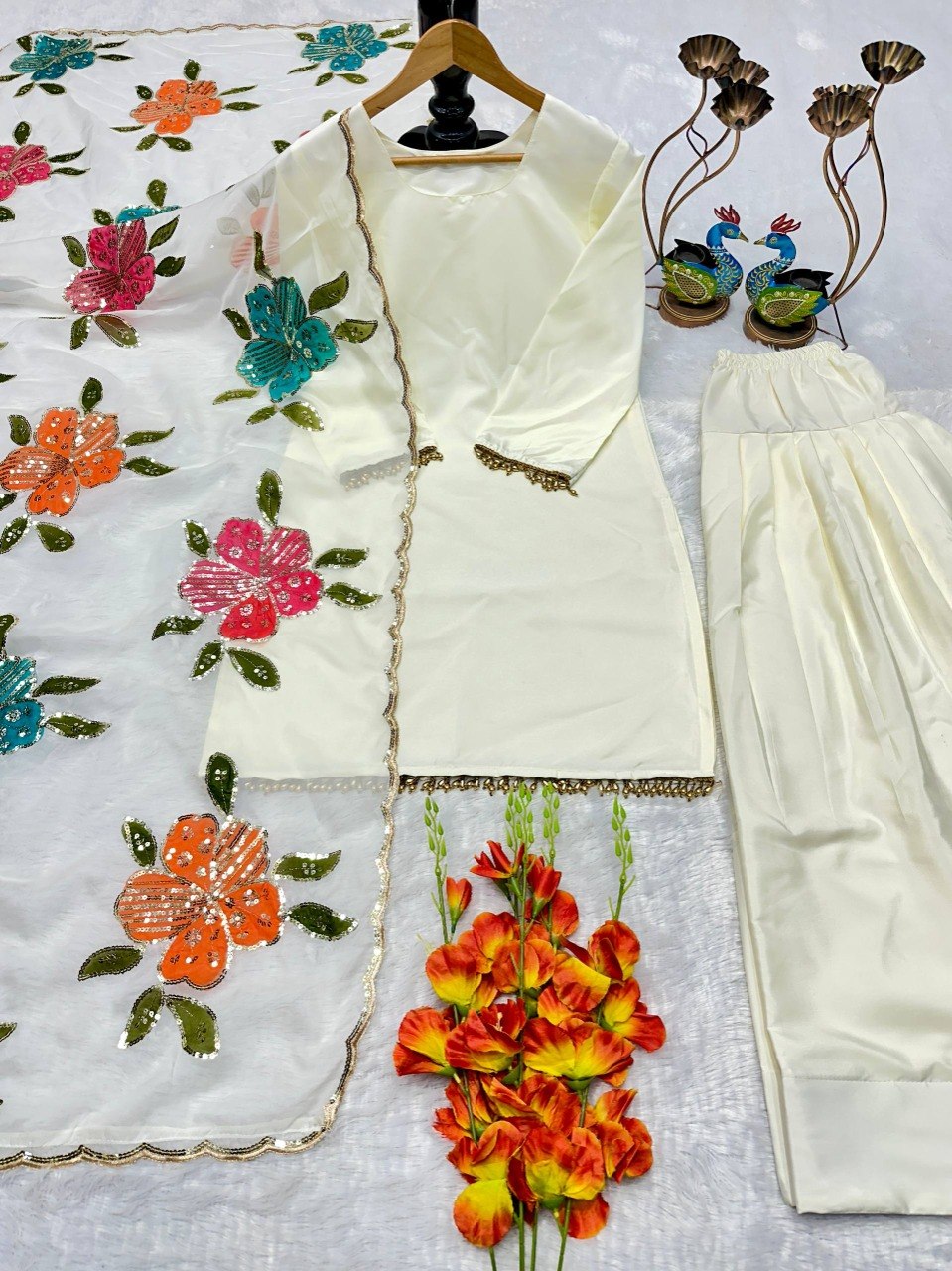 Farsi Shalwar Suit With Designer Embroidery & Brush Print Work Dupatta