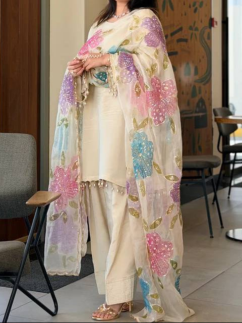 Farsi Shalwar Suit With Designer Embroidery & Brush Print Work Dupatta