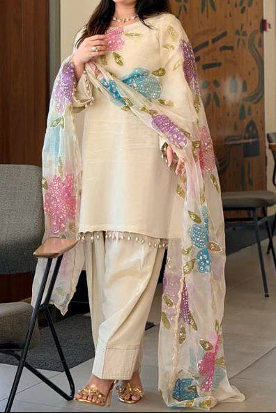 Farsi Shalwar Suit With Designer Embroidery & Brush Print Work Dupatta