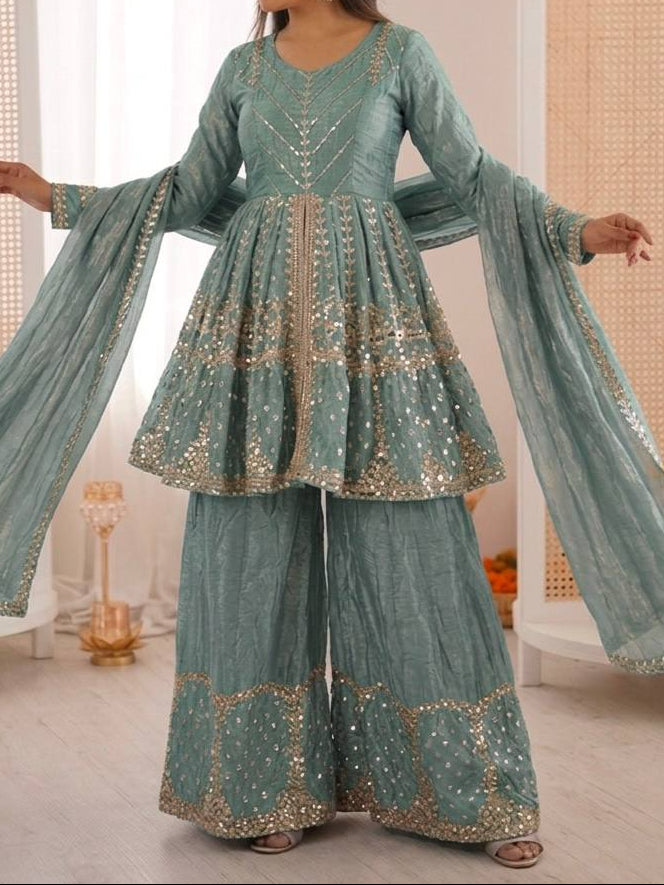 Festival & Function Wear Fendy Silk Embroidery Sequence Work Palazzo Set