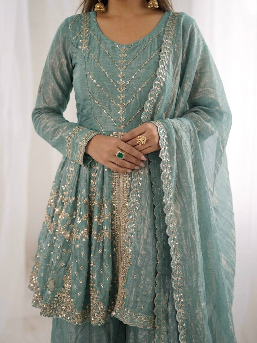Festival & Function Wear Fendy Silk Embroidery Sequence Work Palazzo Set