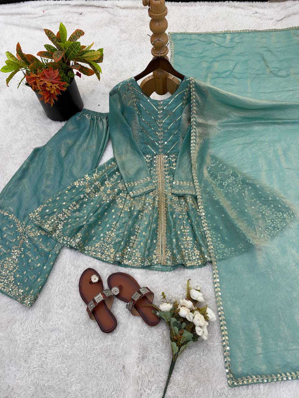 Festival & Function Wear Fendy Silk Embroidery Sequence Work Palazzo Set