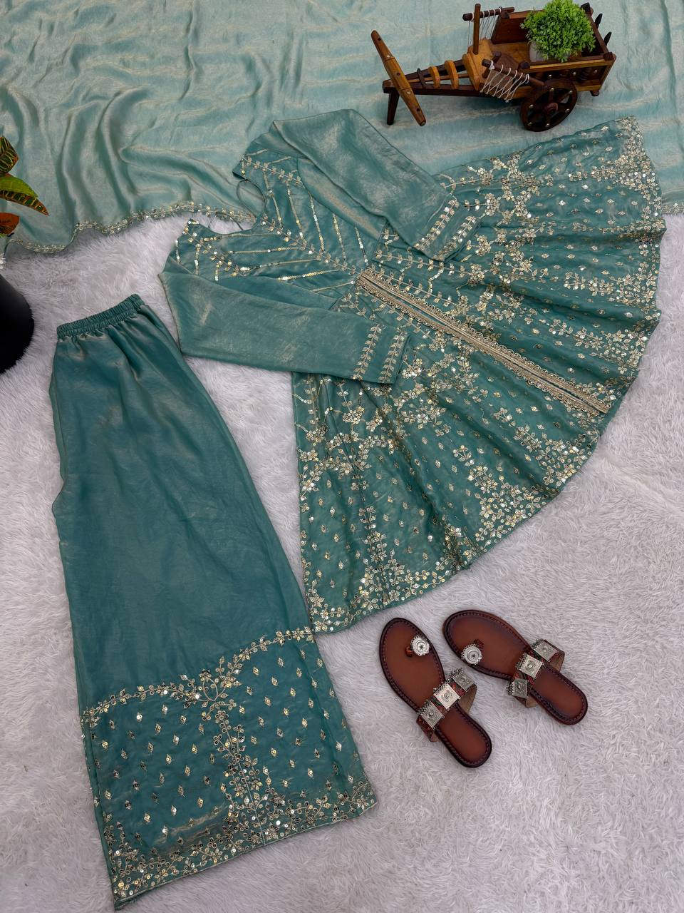 Festival & Function Wear Fendy Silk Embroidery Sequence Work Palazzo Set