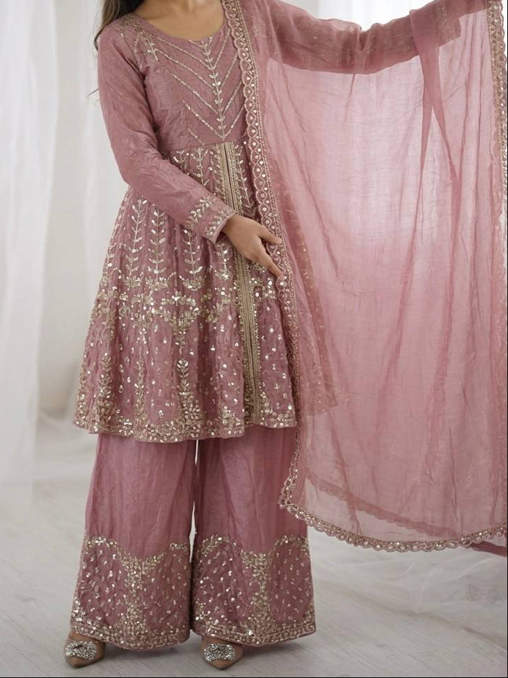 Festival & Function Wear Fendy Silk Embroidery Sequence Work Palazzo Set