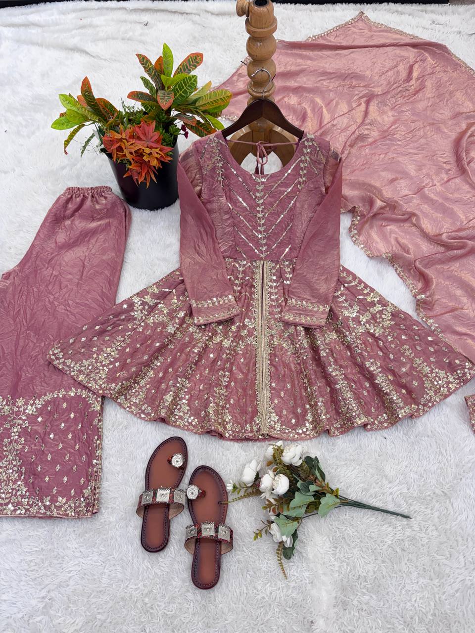 Festival & Function Wear Fendy Silk Embroidery Sequence Work Palazzo Set