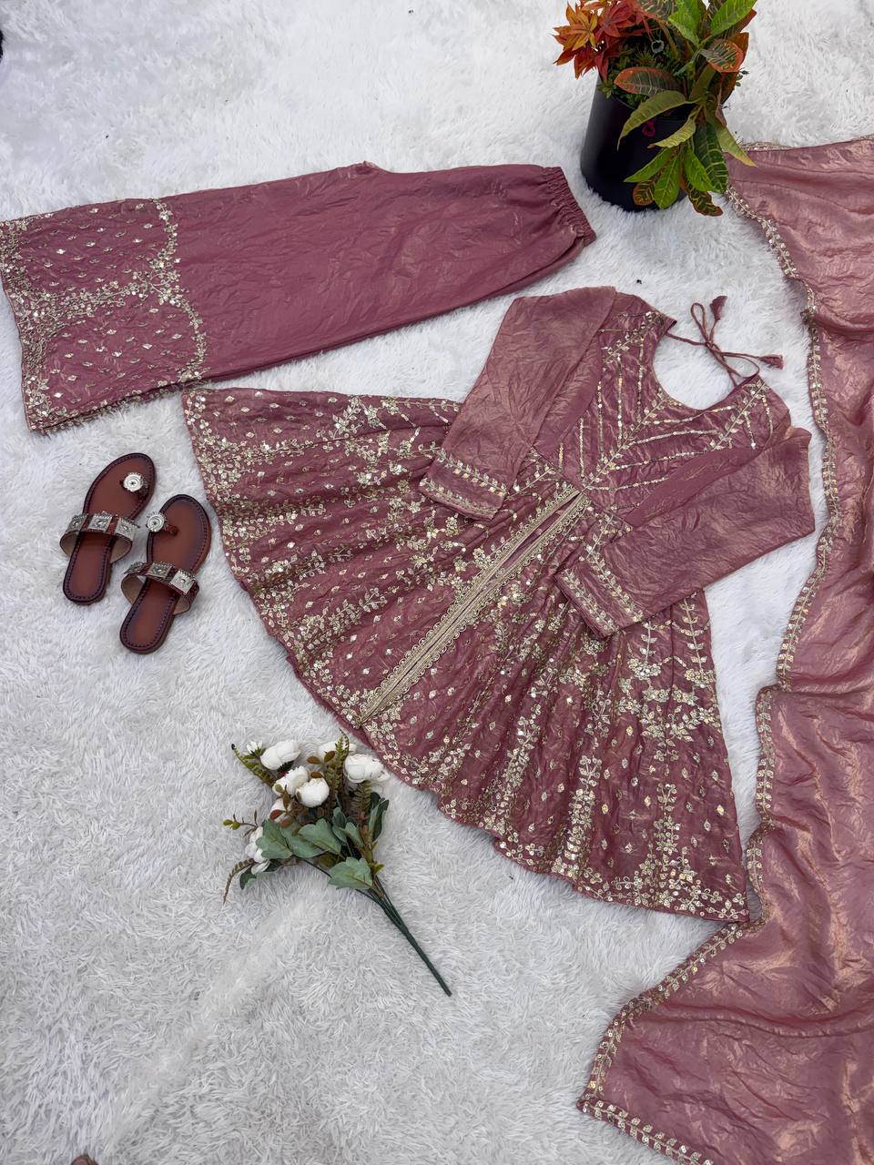 Festival & Function Wear Fendy Silk Embroidery Sequence Work Palazzo Set