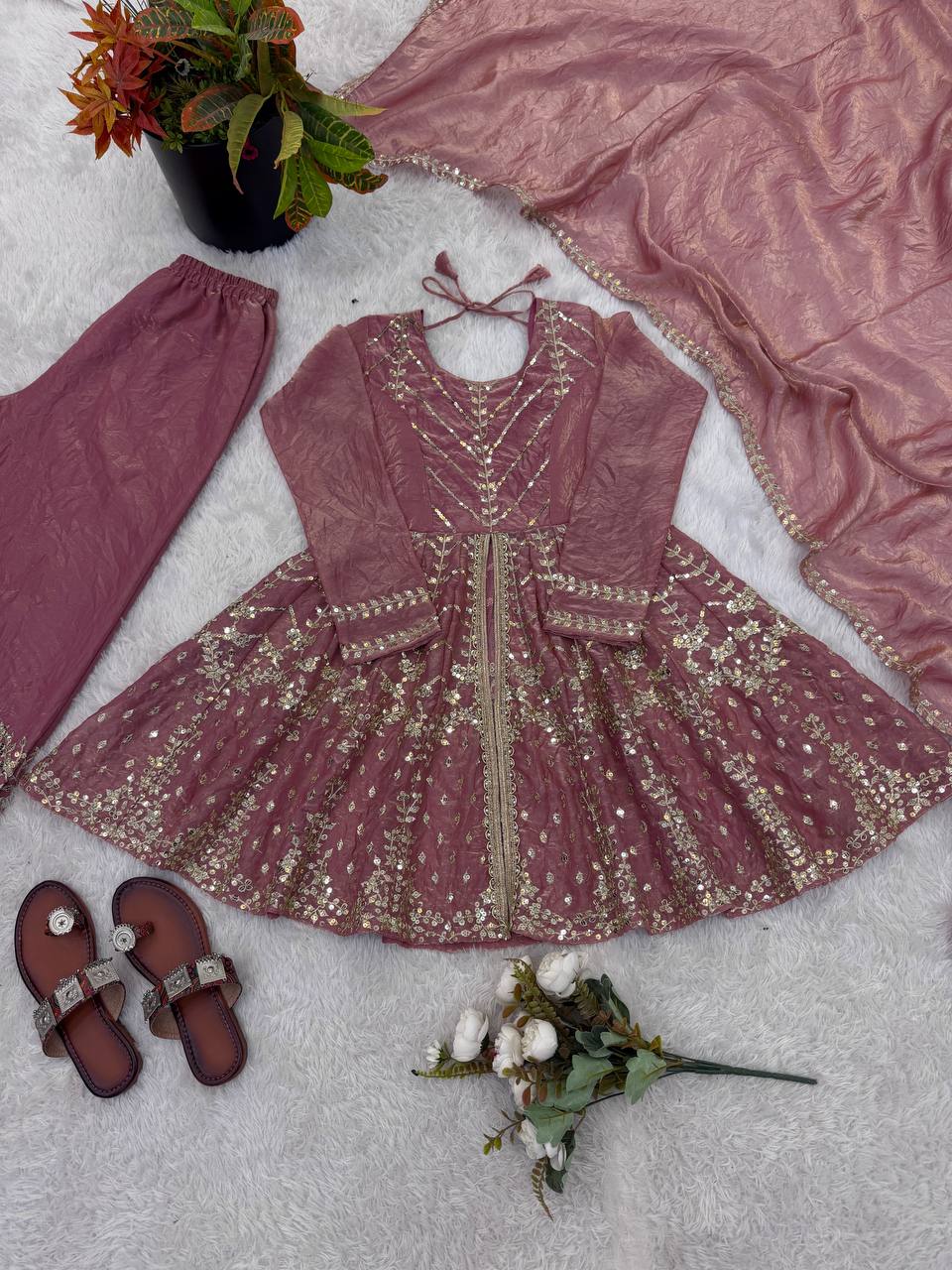 Festival & Function Wear Fendy Silk Embroidery Sequence Work Palazzo Set