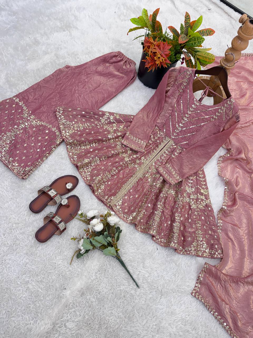 Festival & Function Wear Fendy Silk Embroidery Sequence Work Palazzo Set