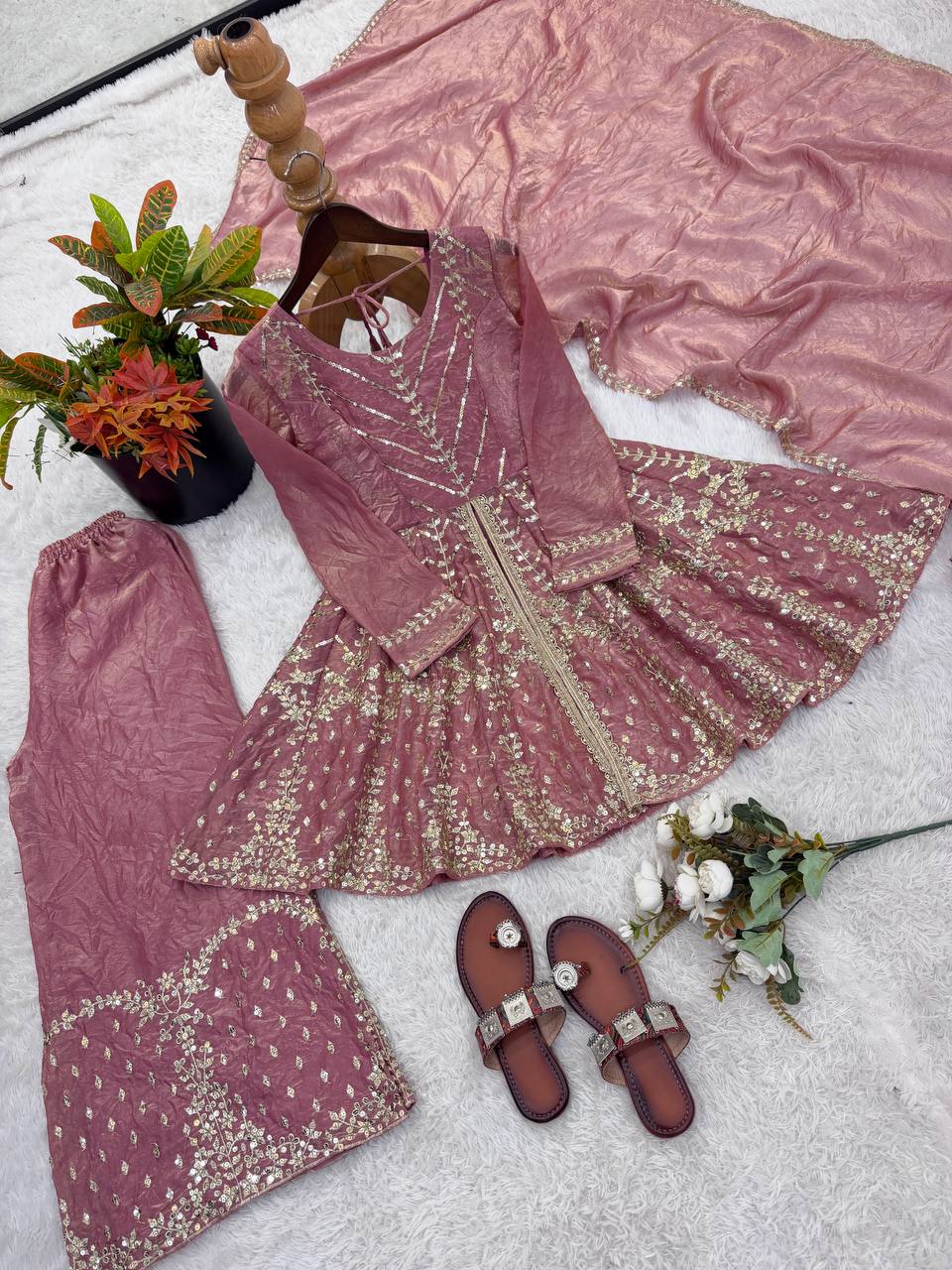 Festival & Function Wear Fendy Silk Embroidery Sequence Work Palazzo Set