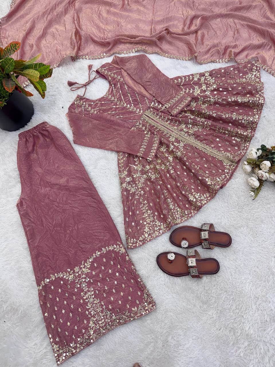 Festival & Function Wear Fendy Silk Embroidery Sequence Work Palazzo Set
