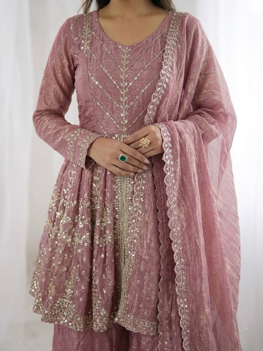 Festival & Function Wear Fendy Silk Embroidery Sequence Work Palazzo Set