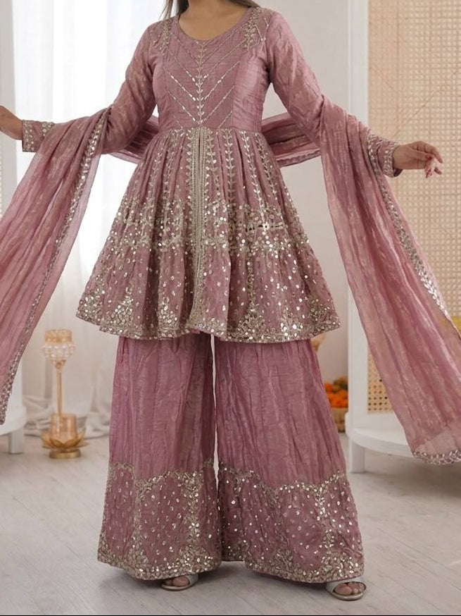 Festival & Function Wear Fendy Silk Embroidery Sequence Work Palazzo Set