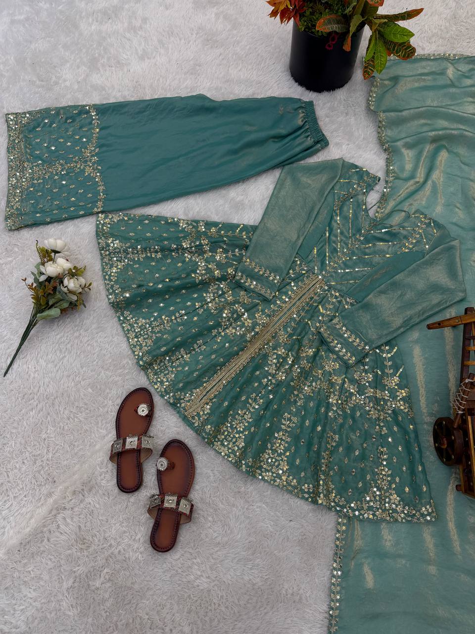 Festival & Function Wear Fendy Silk Embroidery Sequence Work Palazzo Set