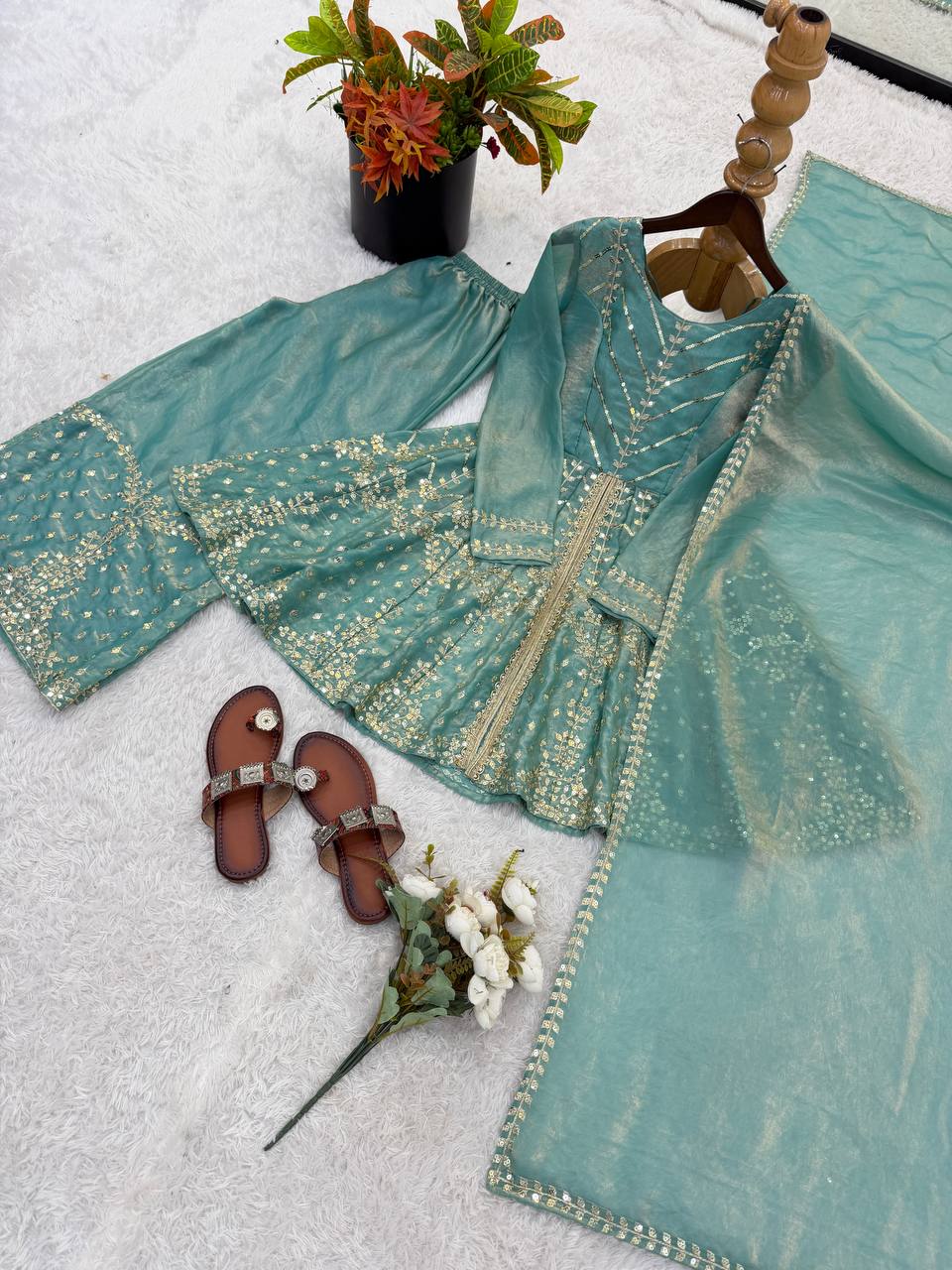 Festival & Function Wear Fendy Silk Embroidery Sequence Work Palazzo Set