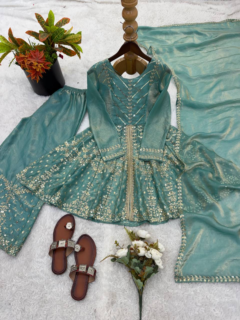Festival & Function Wear Fendy Silk Embroidery Sequence Work Palazzo Set