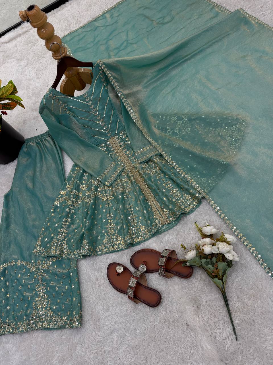 Festival & Function Wear Fendy Silk Embroidery Sequence Work Palazzo Set