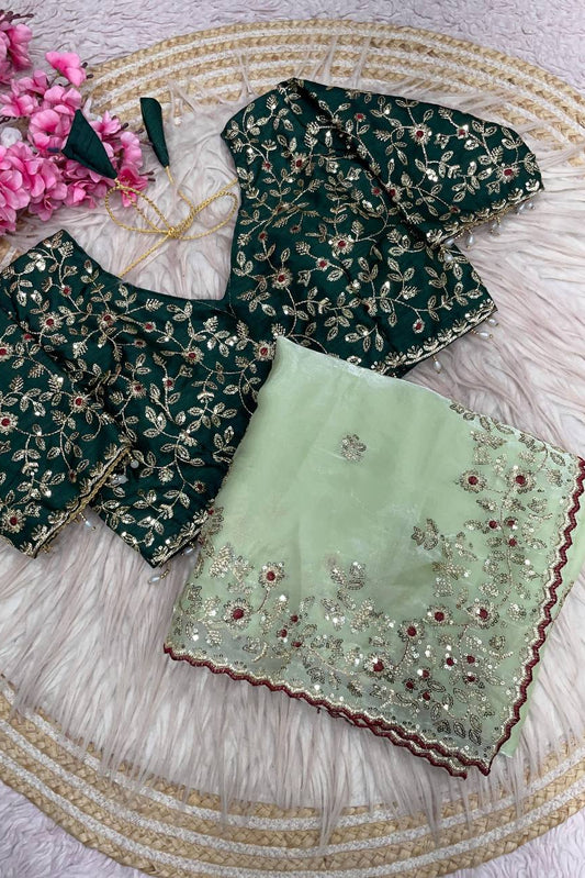 Wedding Wear  Stunning  Embroidery Work Saree With Stitched Blouse