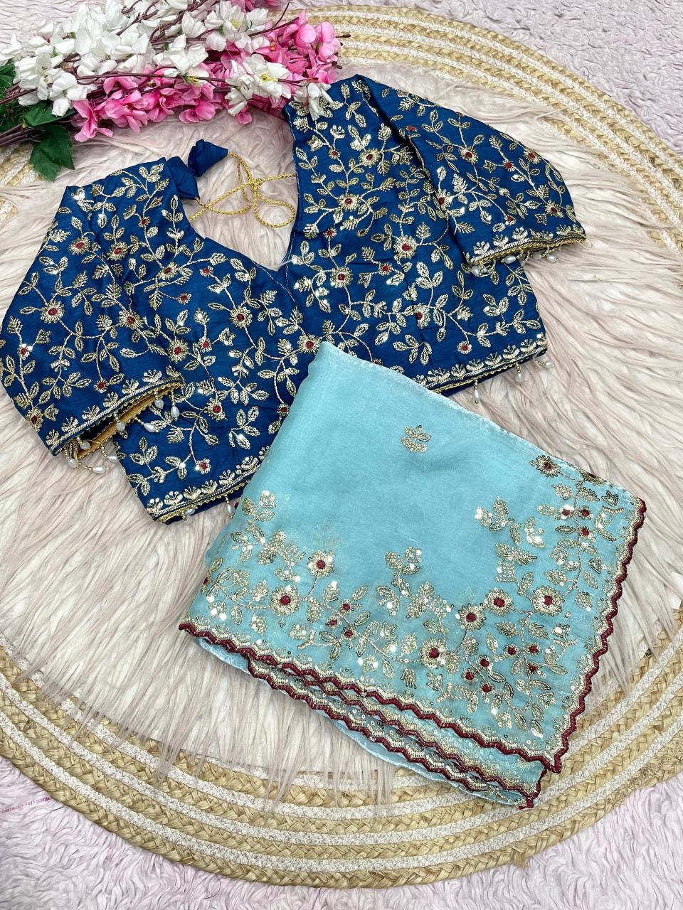 Wedding Wear  Stunning  Embroidery Work Saree With Stitched Blouse