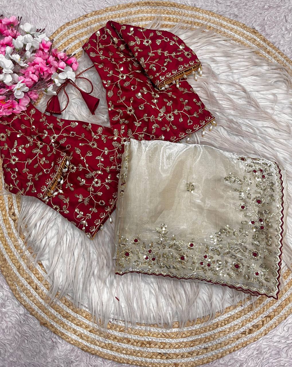Wedding Wear  Stunning  Embroidery Work Saree With Stitched Blouse