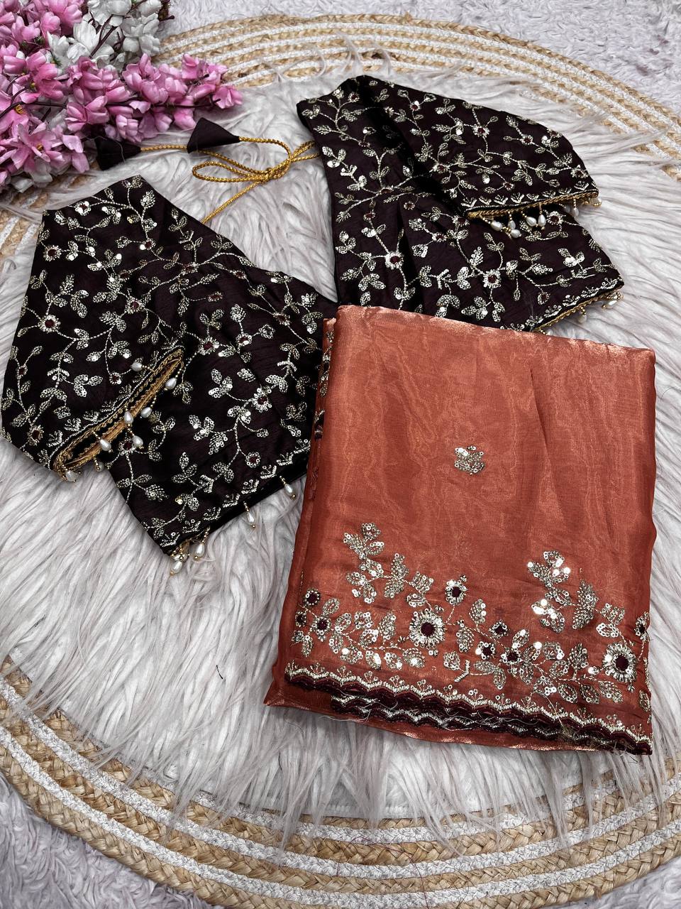 Wedding Wear  Stunning  Embroidery Work Saree With Stitched Blouse