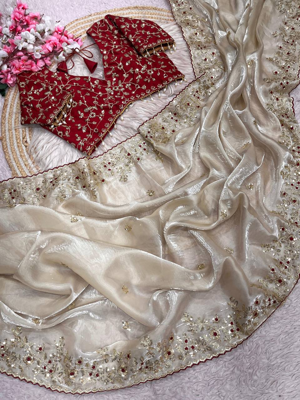 Wedding Wear  Stunning  Embroidery Work Saree With Stitched Blouse
