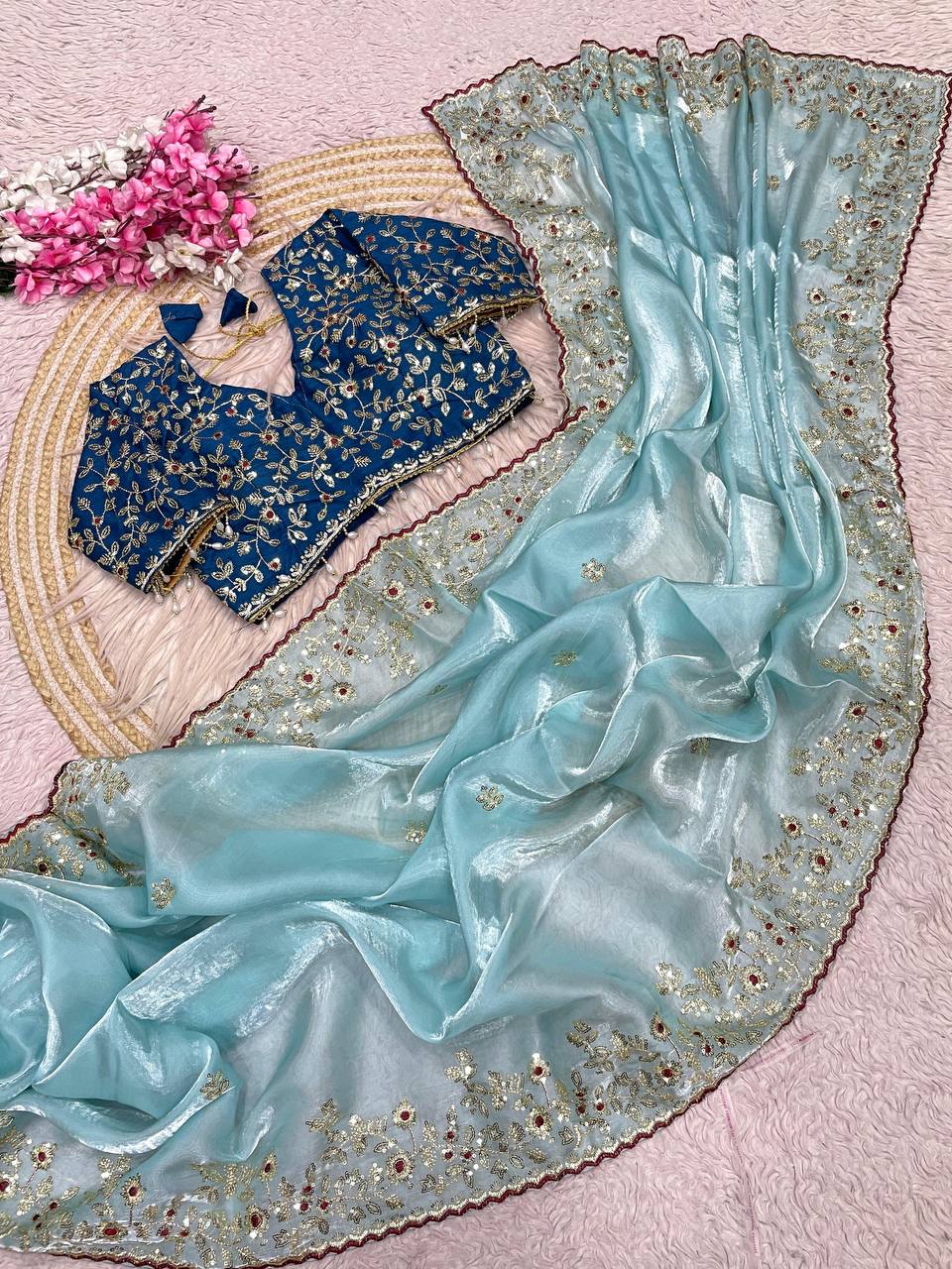 Wedding Wear  Stunning  Embroidery Work Saree With Stitched Blouse