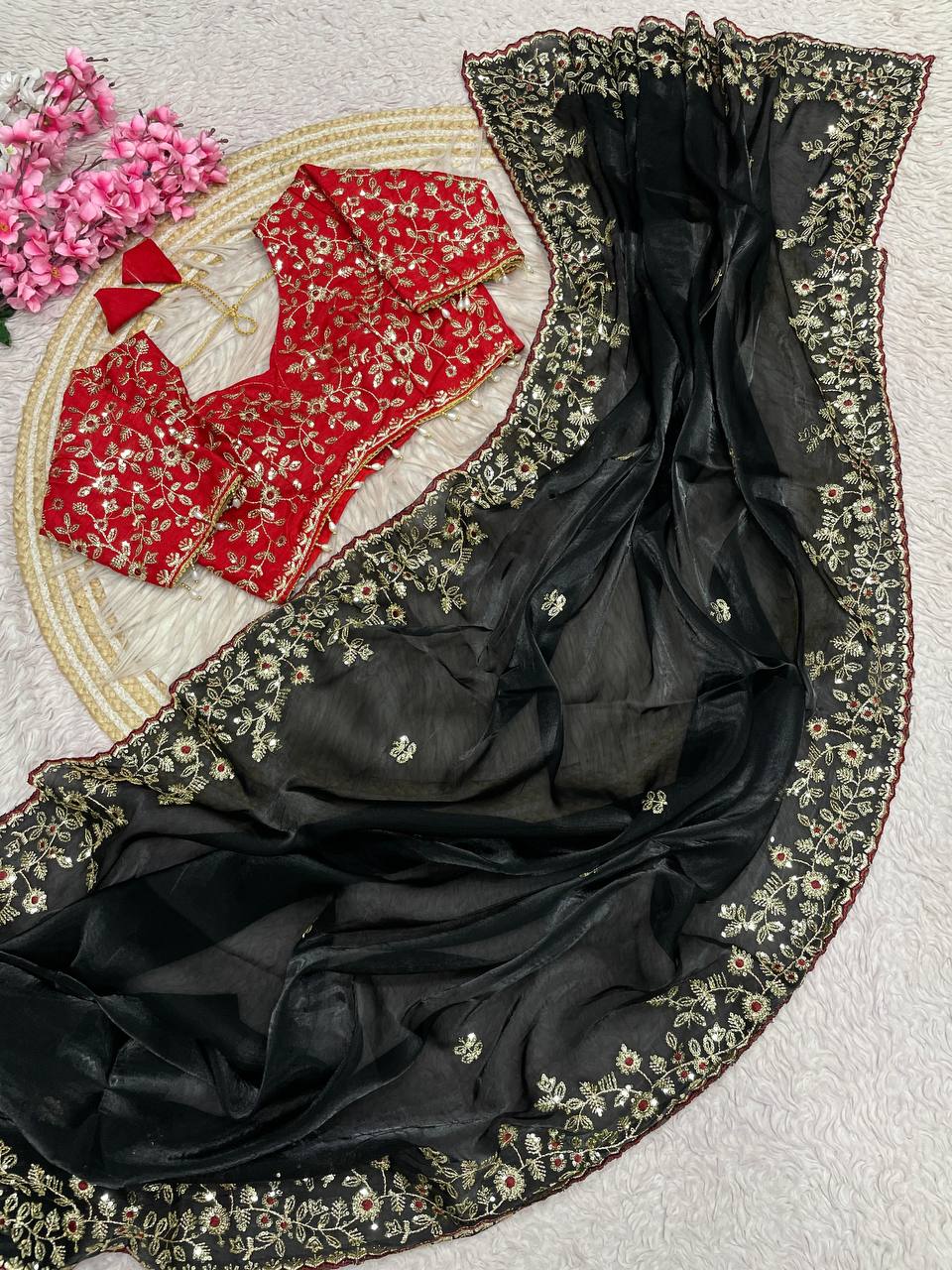 Wedding Wear  Stunning  Embroidery Work Saree With Stitched Blouse
