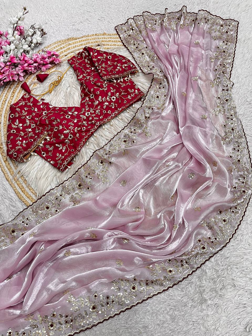 Wedding Wear  Stunning  Embroidery Work Saree With Stitched Blouse