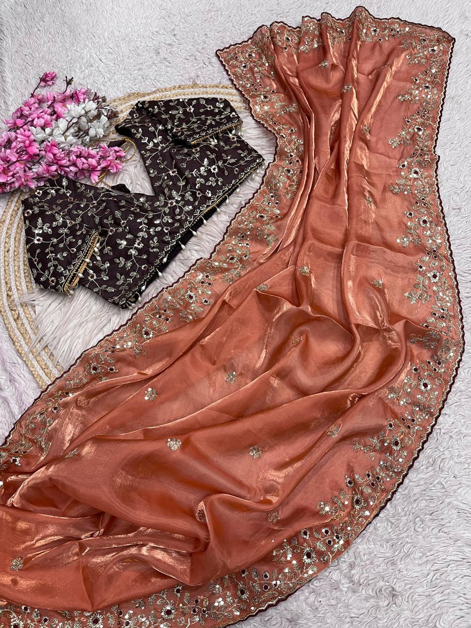 Wedding Wear  Stunning  Embroidery Work Saree With Stitched Blouse