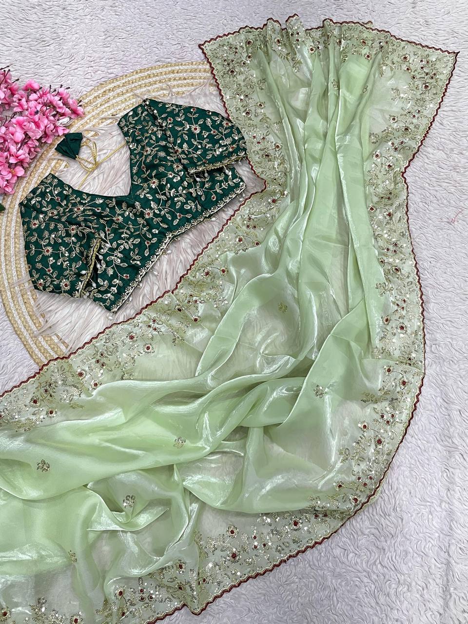 Wedding Wear  Stunning  Embroidery Work Saree With Stitched Blouse