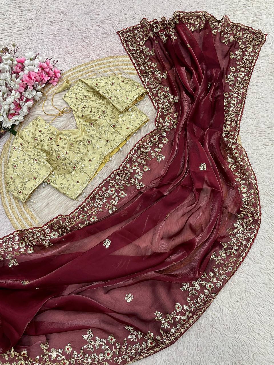 Wedding Wear  Stunning  Embroidery Work Saree With Stitched Blouse